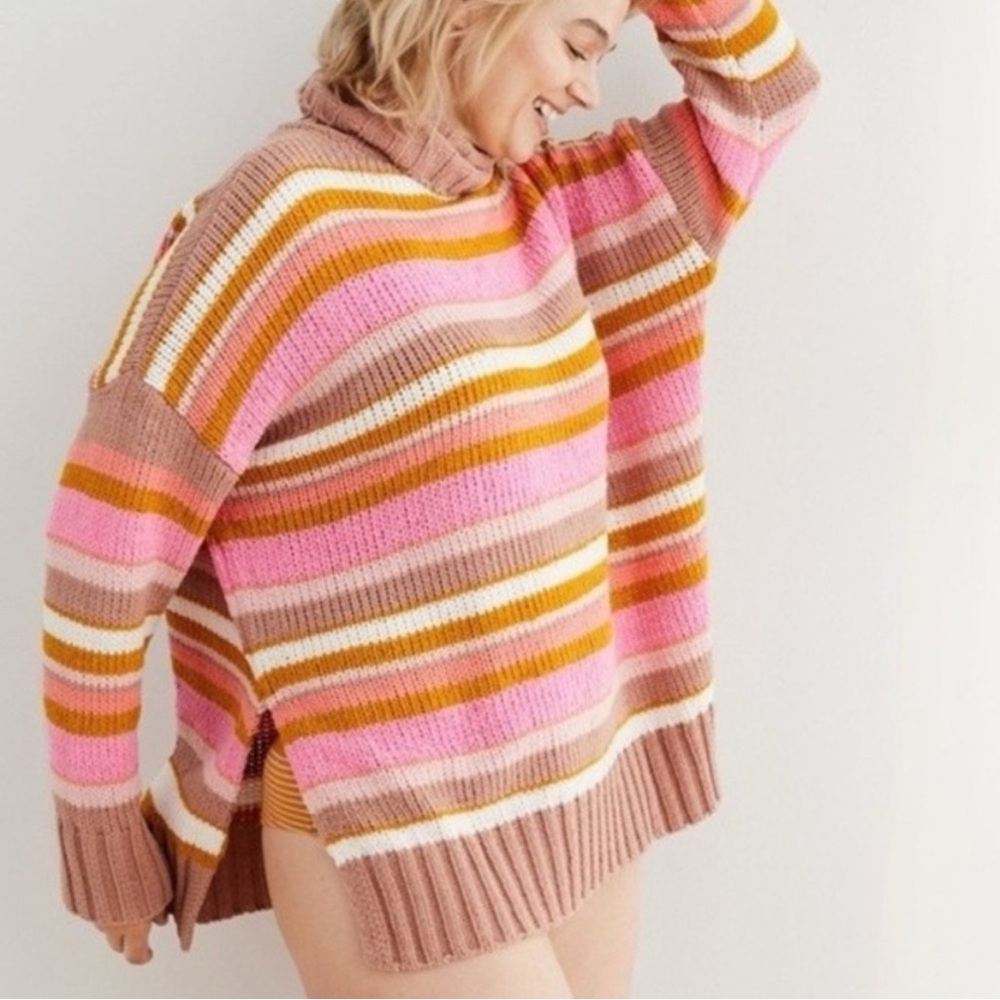 Chunky Aerie Striped Pink and Tan Women's Sweater. Size XL. Oversized. Soft